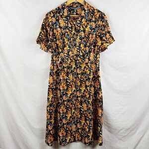 Sharagano Women's Size 6 Button Front Midi‎ Dress Black Yellow Orange Floral